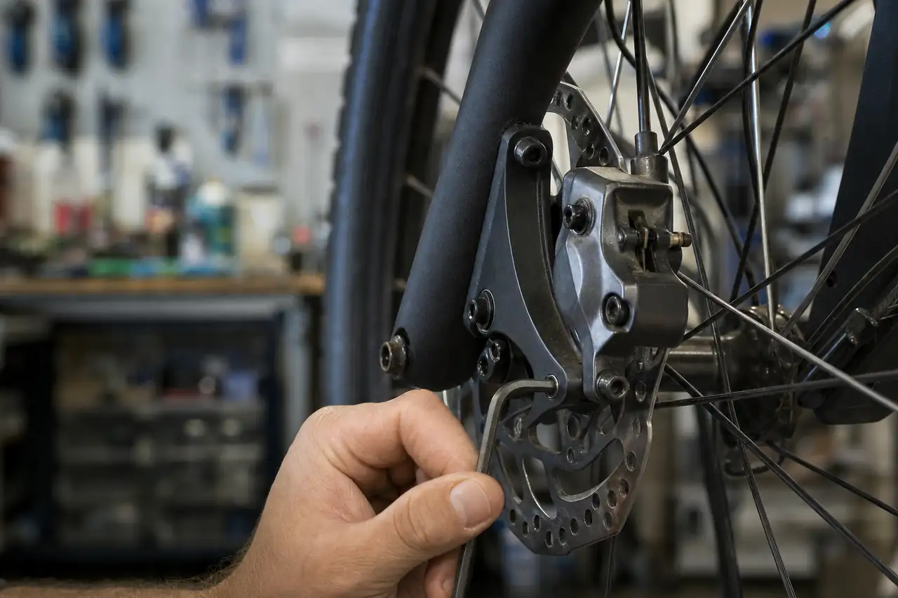 Mechanic adjusting a hydraulic disc brake caliper with a hex key, rotor in close-up
