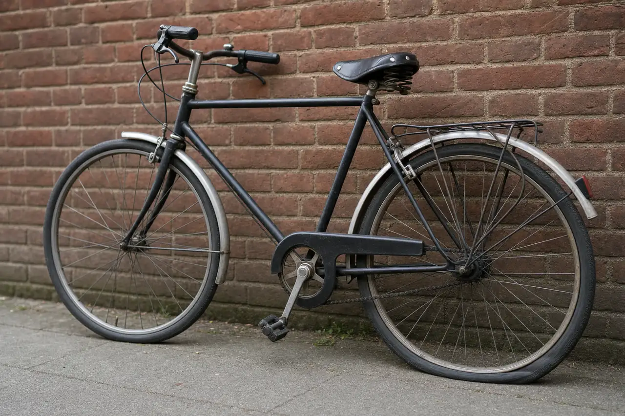 Bicycle with a flat rear tyre leaning against a brick wall