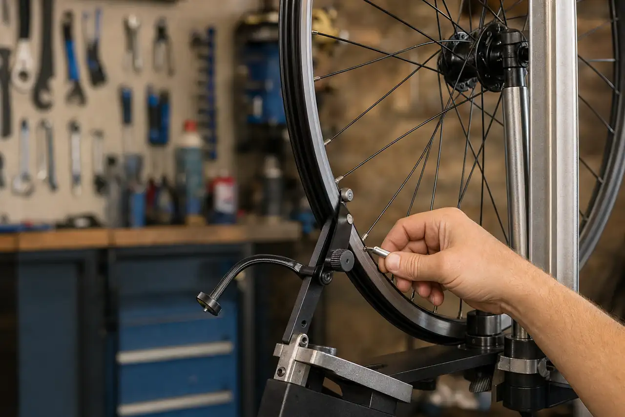 Mechanic truing a bicycle wheel in a truing stand, turning a spoke key at the rim
